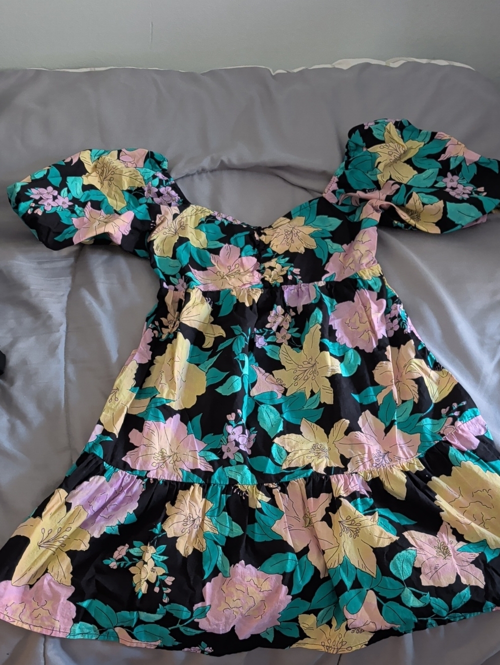 Billabong Floral Puff-Sleeve Dress in Black, Yellow & Pink